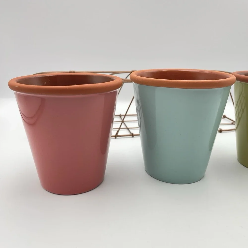 Bath &‎ Body Works Ceramic Flower Pots Planters Set of 3 w/ Metal Wire Caddy